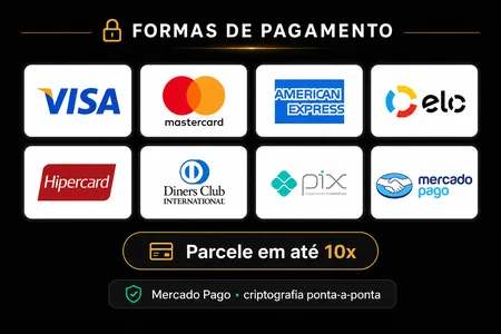 Formas de pagamento aceitas: Visa, Mastercard, American Express, Elo, Hipercard, Diners Club, Pix e Mercado Pago. Parcele em até 5x sem juros.